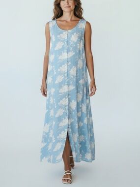 Blair Fresh Pick Smocked Back Button Front Sleeveless Maxi Dress Women’s M Blue